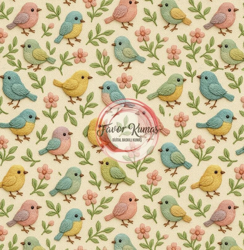 3D Nakış Küçük Kuşlar Desenli Kumaş