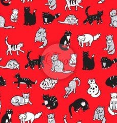 Kırmızı Zemin Kedi Desenli Kumaş
