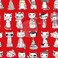 Kırmızı Zemin Kedi Desenli Kumaş 2