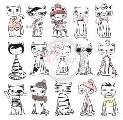 Kırmızı Zemin Kedi Desenli Kumaş 2 beyaz