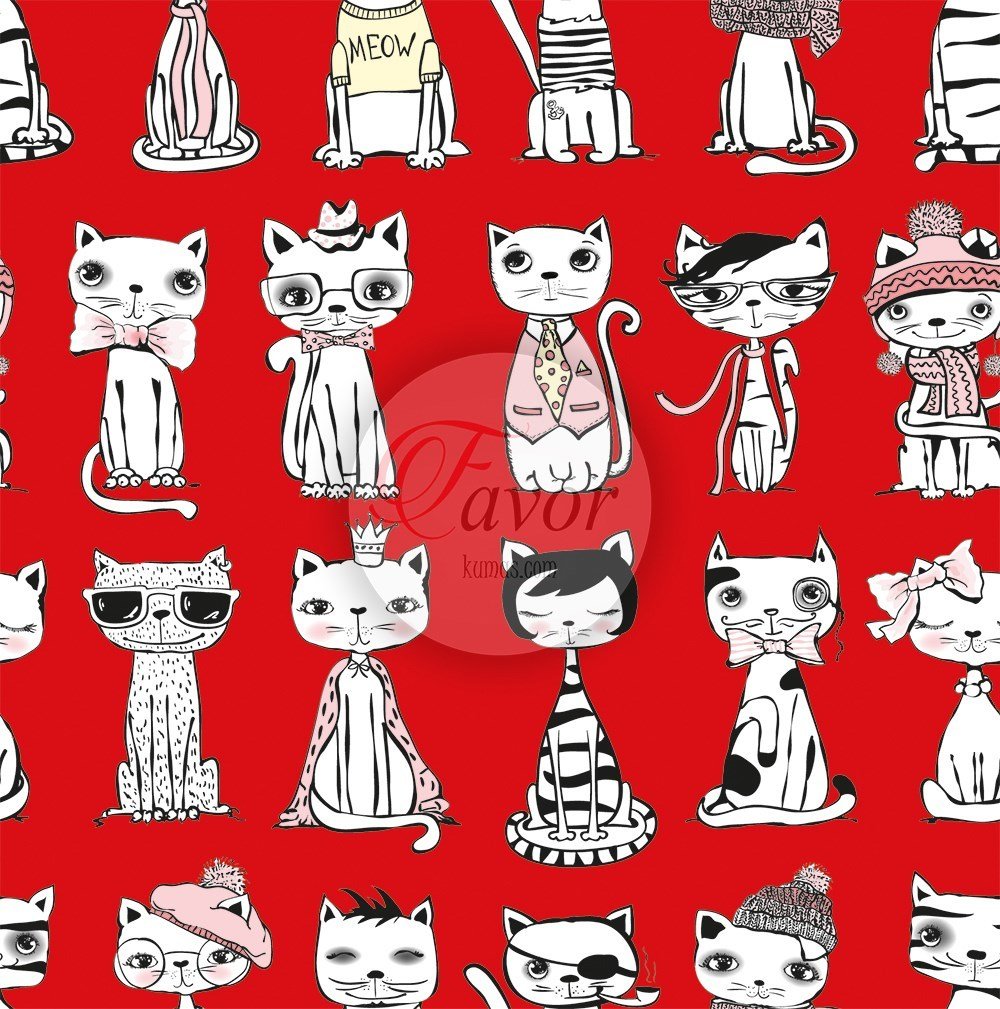 Kırmızı Zemin Kedi Desenli Kumaş 2 kırmızı
