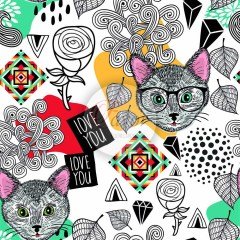Love You Kedi Desenli Kumaş