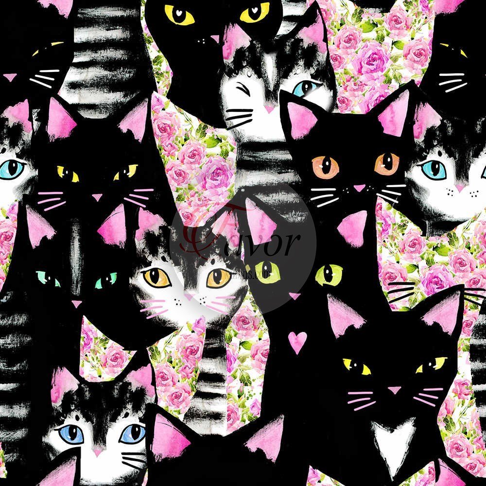 Kara Kedi Desenli Kumaş