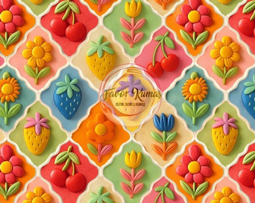 3D Çerçeveli Çilek Ve Çiçekler Desenli Kumaş