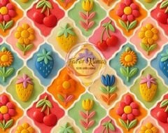 3D Çerçeveli Çilek Ve Çiçekler Desenli Kumaş