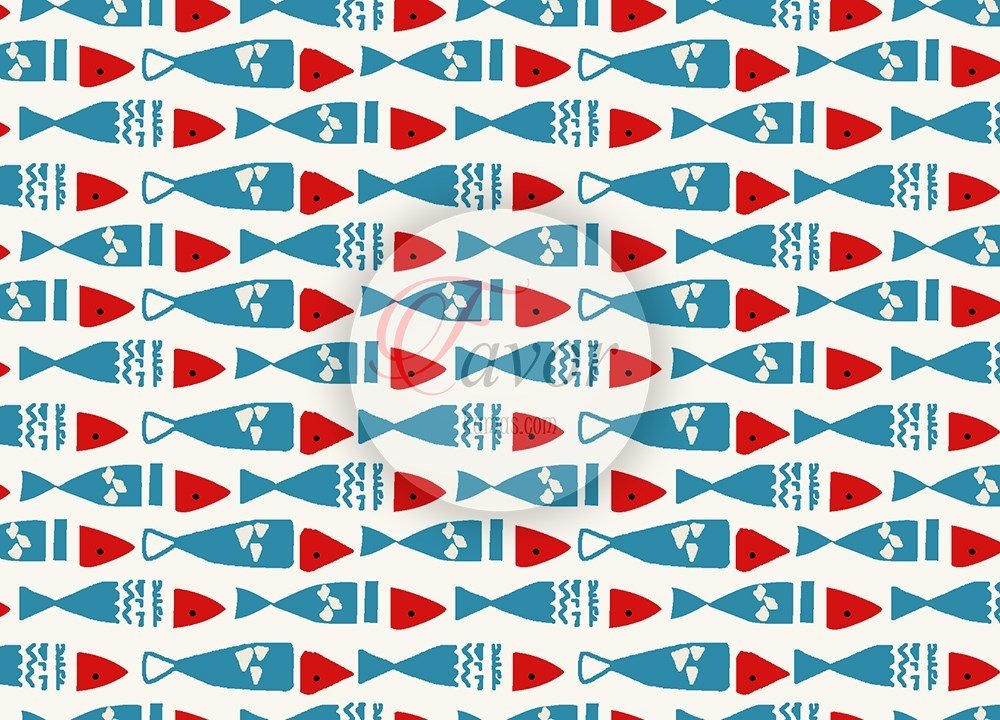 Mavi Kırmızı Balık Desenli Kumaş