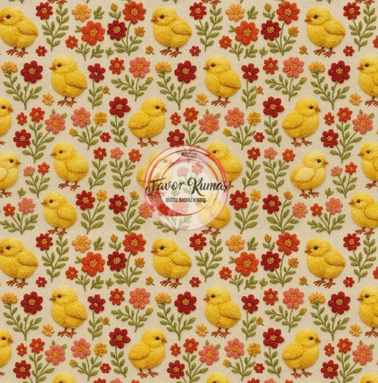 3D Nakış Sarı Civciv Desenli Kumaş