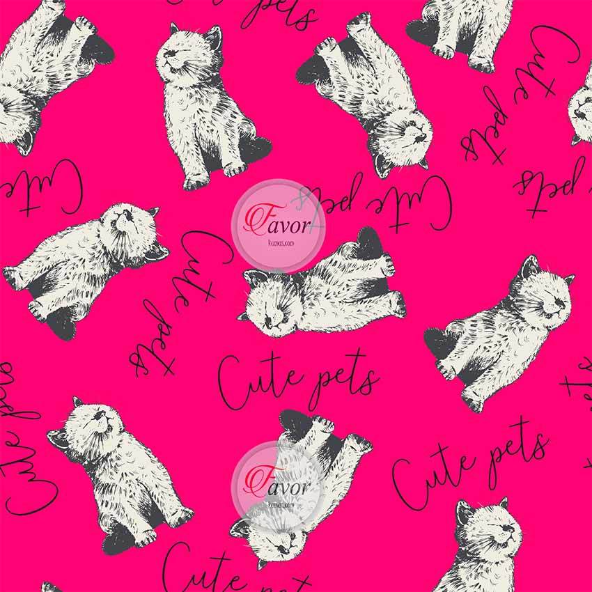 Sarı Zemin Yavru Kedi Desenli Kumaş pembe