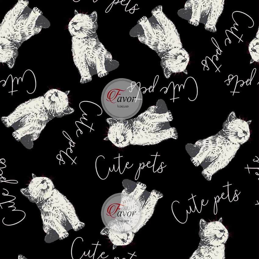 Sarı Zemin Yavru Kedi Desenli Kumaş siyah