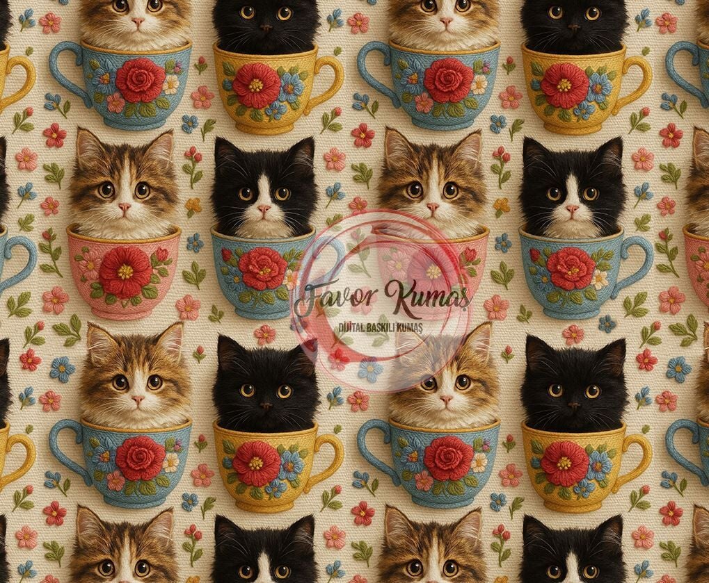 3D Nakış Fincandaki Kediler Desenli Kumaş