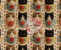 3D Nakış Fincandaki Kediler Desenli Kumaş