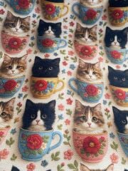 3D Nakış Fincandaki Kediler Desenli Kumaş