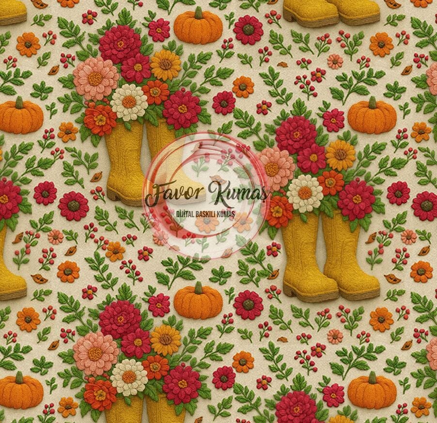3D Nakış Sarı Çizme Buketleri Desenli Kumaş