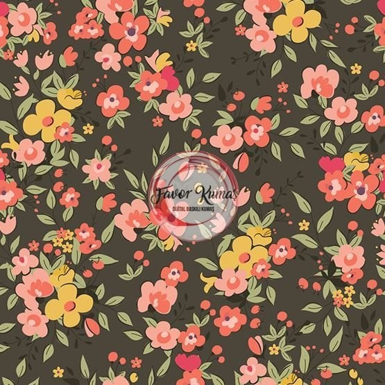 Turuncu Çiçek Desenli Kumaş Döşemelik Petek Kumaş - haki