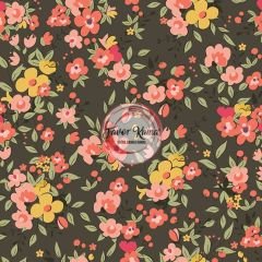 Turuncu Çiçek Desenli Kumaş Döşemelik Petek Kumaş - haki