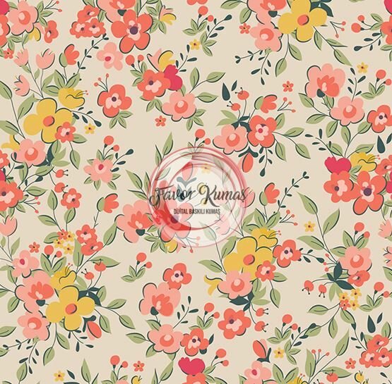 Turuncu Çiçek Desenli Kumaş Döşemelik Petek Kumaş - krem