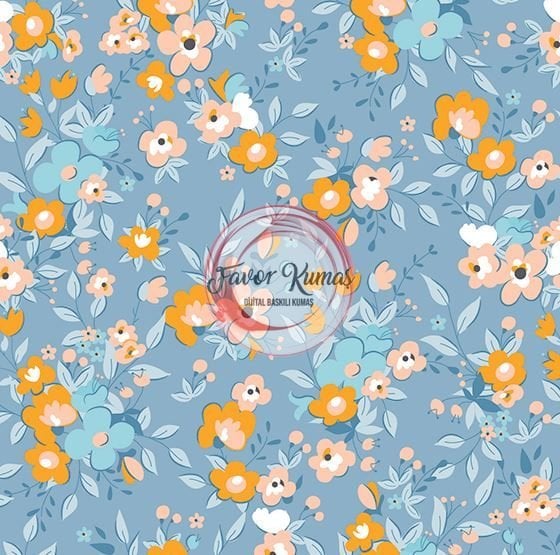 Turuncu Çiçek Desenli Kumaş Döşemelik Petek Kumaş - mavi