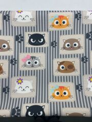 Kedi ve Pati Desenli Kumaş