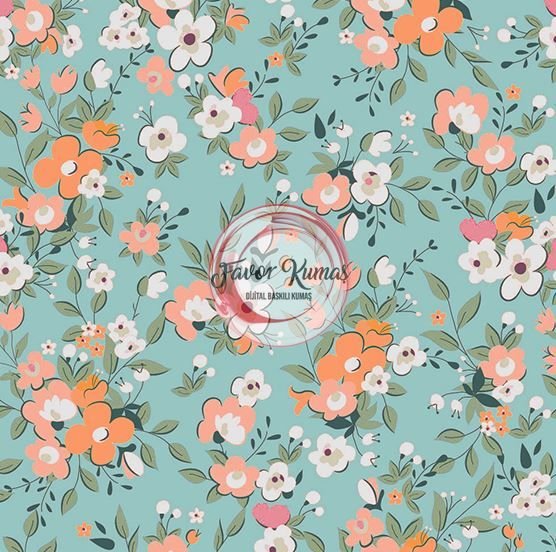 Turuncu Çiçek Desenli Kumaş Döşemelik Petek Kumaş - mint