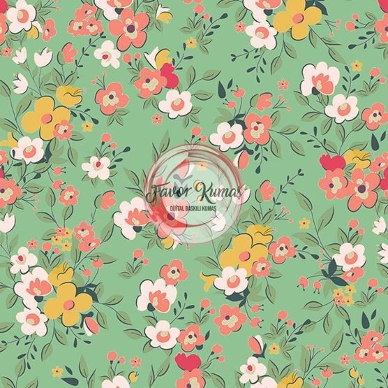 Turuncu Çiçek Desenli Kumaş Döşemelik Petek Kumaş - yeşil