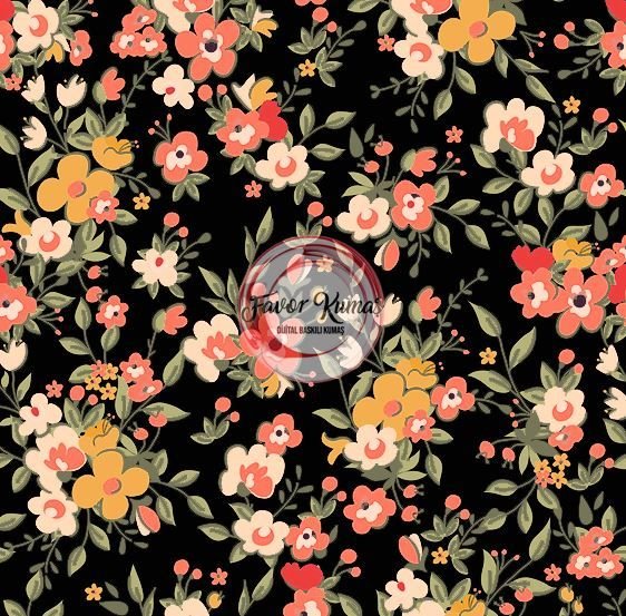 Turuncu Çiçek Desenli Kumaş Elite Poplin Kumaş - siyah