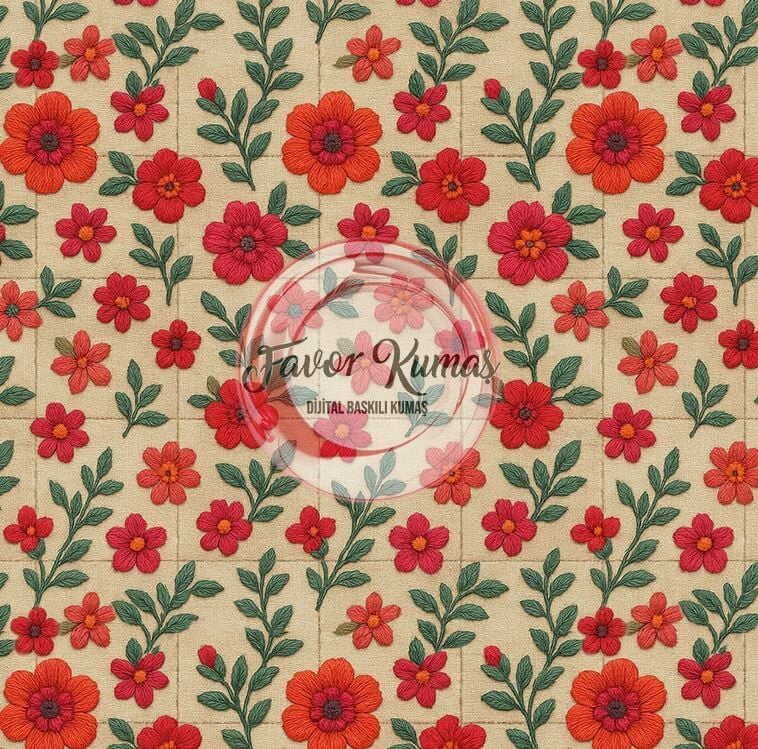 3D Nakış Kırmızı Çiçekli Kareli Desenli Kumaş
