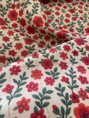 3D Nakış Kırmızı Çiçekli Kareli Desenli Kumaş