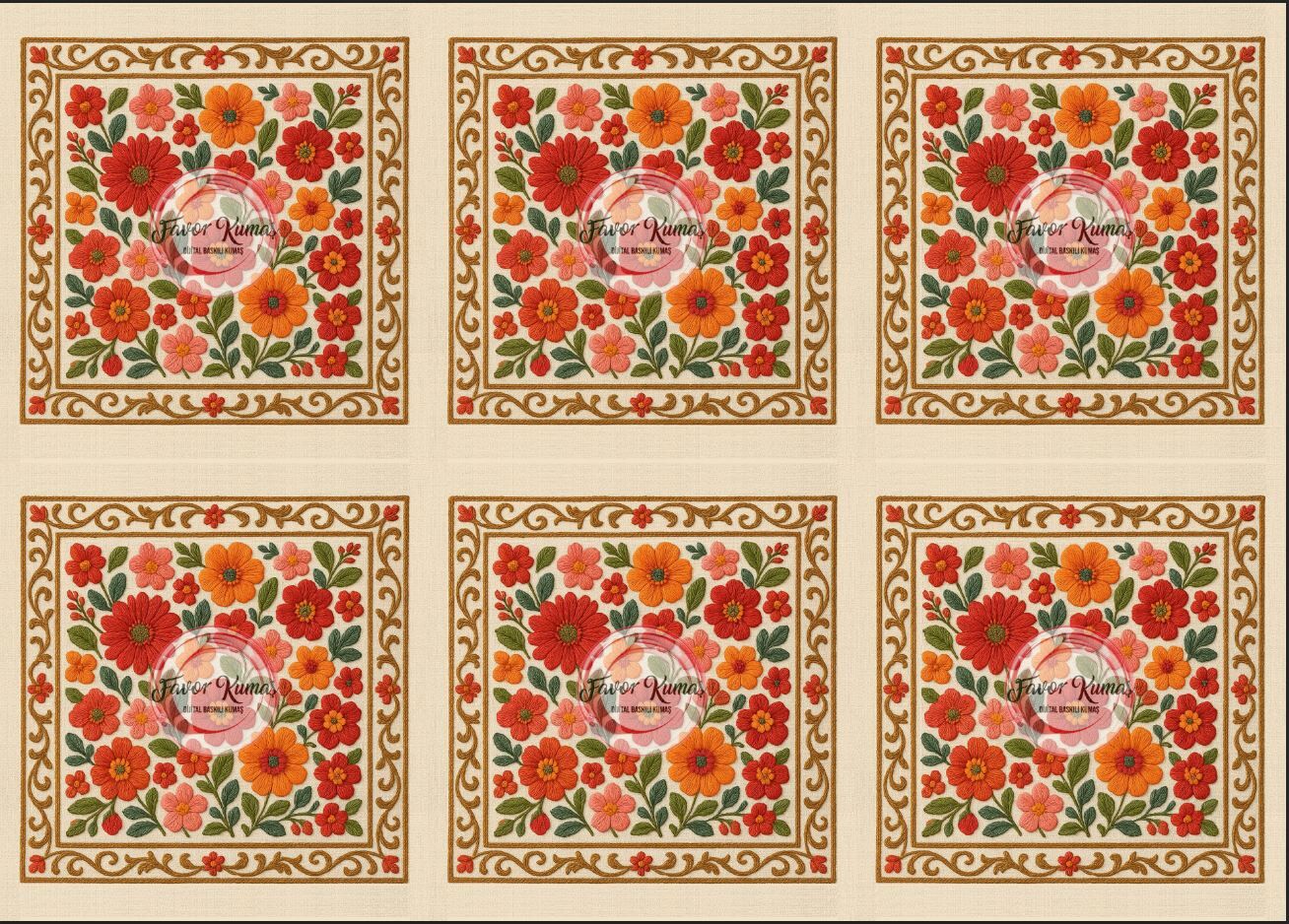 3D Krem Zeminli Çiçekli Runner ve Kırlent Kumaşı kırlent -45x45 cm- 6 adet