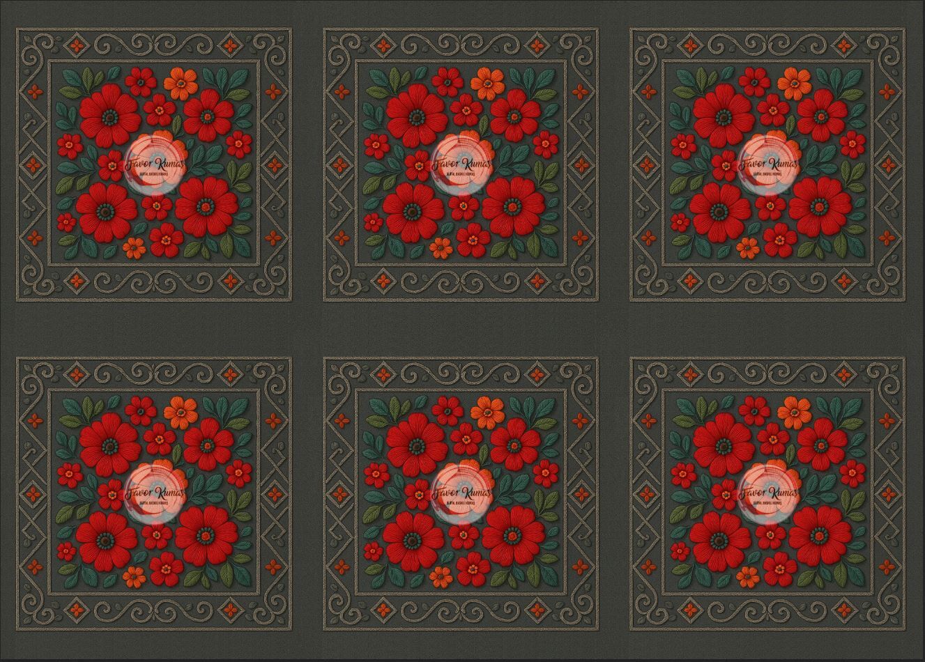 3D Gri Zeminli Çiçekli Runner ve Kırlent Kumaşı kırlent -45x45 cm- 6 adet