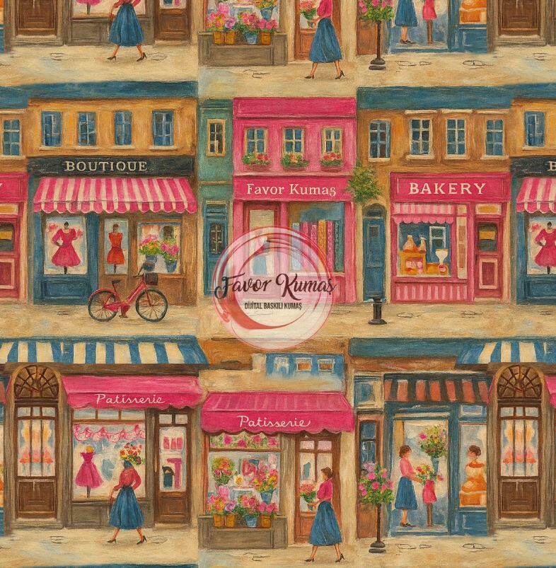 Retro Dükkanlar Desenli Kumaş