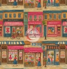 Retro Dükkanlar Desenli Kumaş