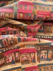 Retro Dükkanlar Desenli Kumaş