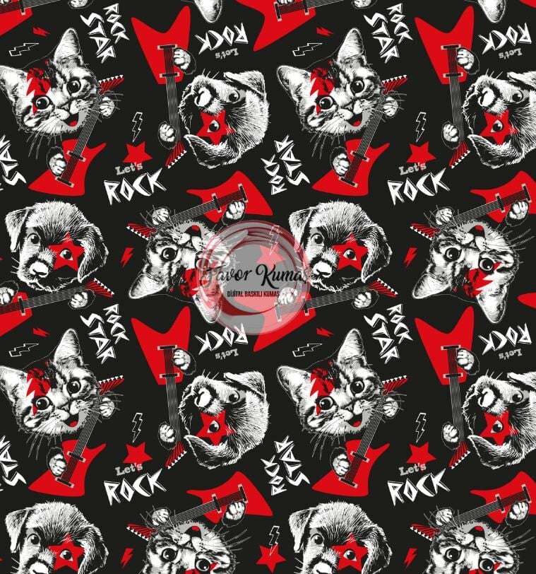 Rock Star Kedi Desenli Kumaş