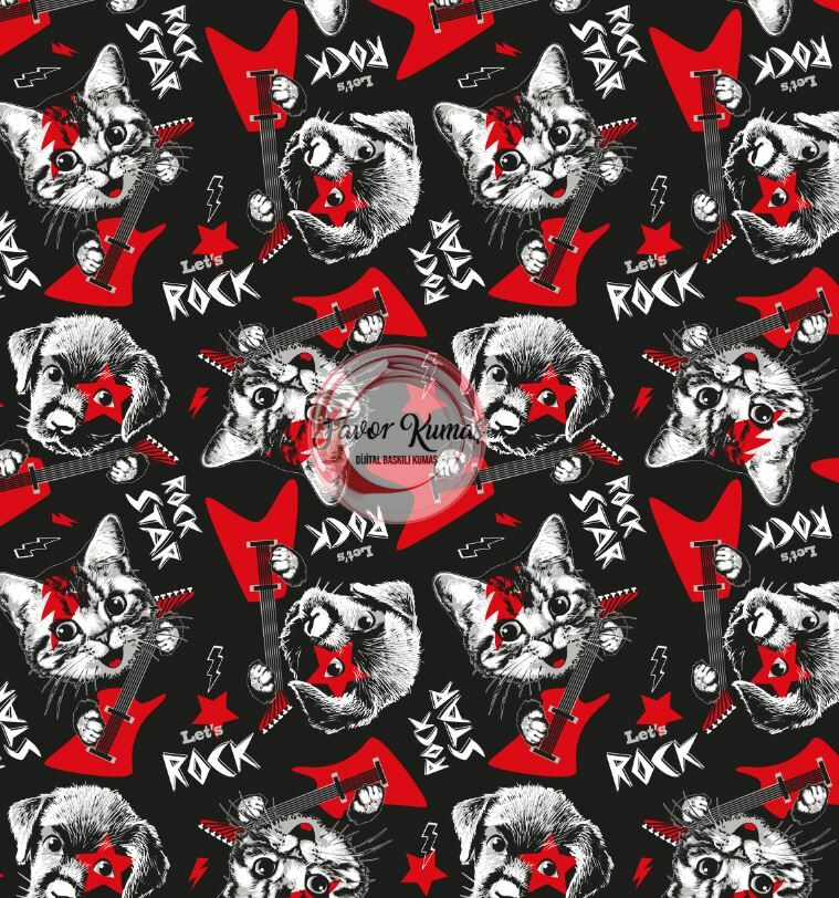 Rock Star Kedi Desenli Kumaş