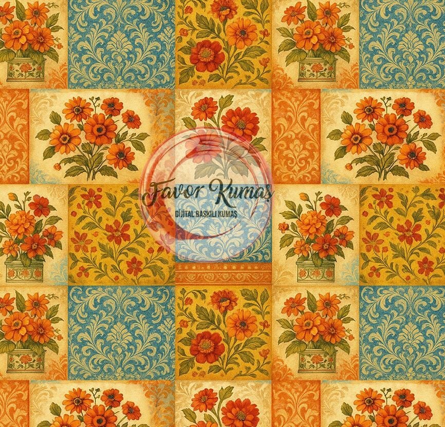 Retro Patchwork Desenli Kumaş