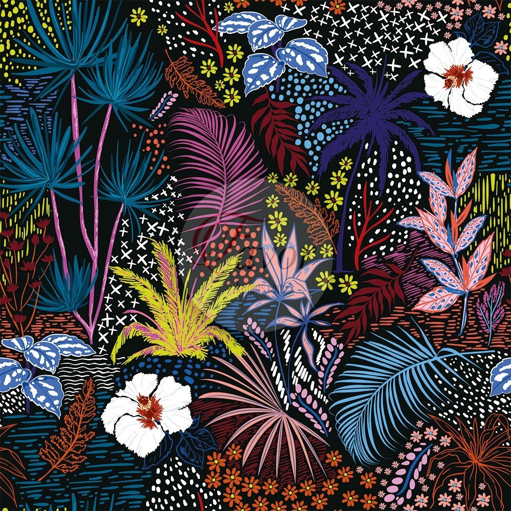 Siyah Zemin Tropikal Desenli Kumaş