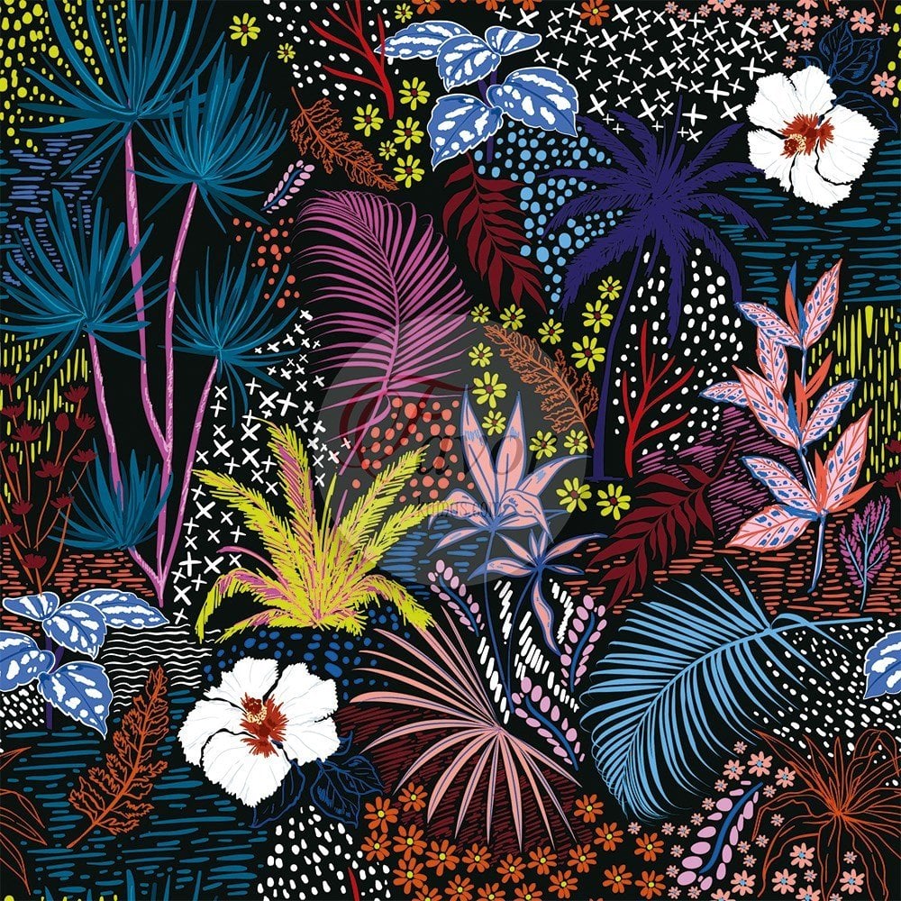 Siyah Zemin Tropikal Desenli Kumaş