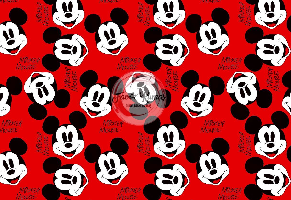 Kırmızı Mickey Mouse Desenli Kumaş