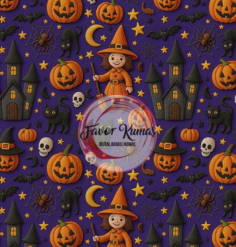 3D Mor Zeminli Cadılar Bayramı Desenli Kumaş