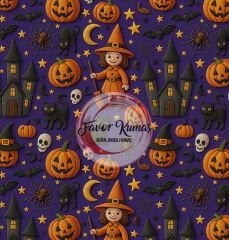 3D Mor Zeminli Cadılar Bayramı Desenli Kumaş