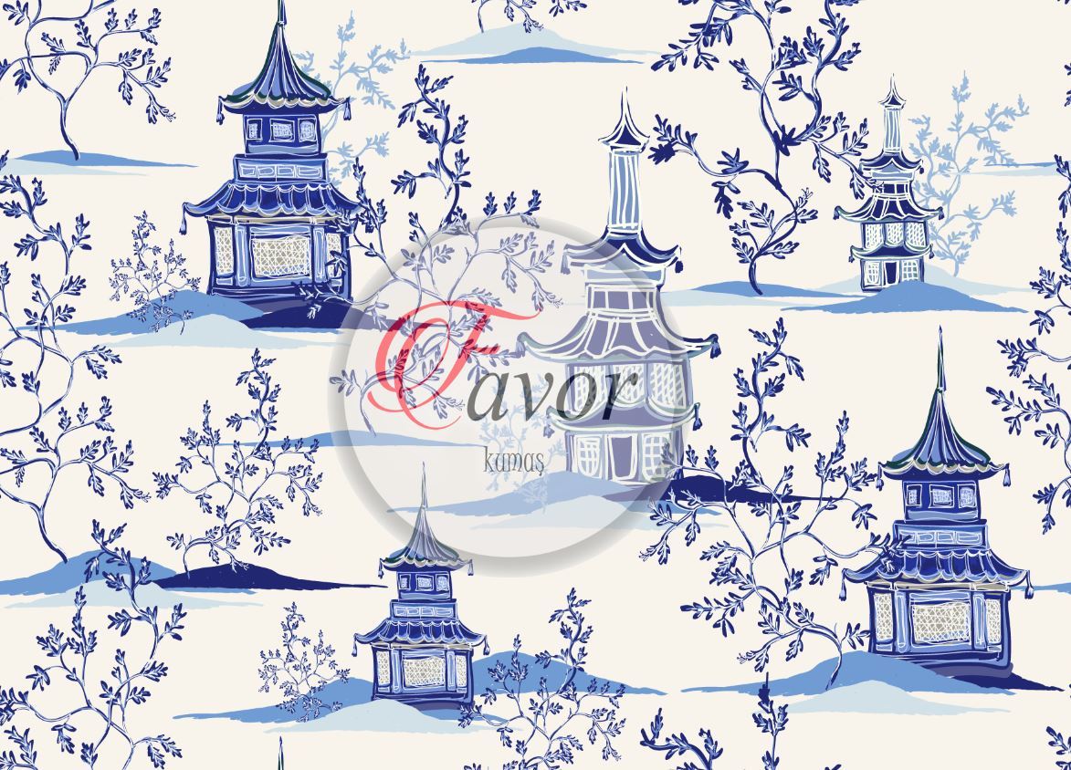 Mavi Japon Evi Desenli Kumaş
