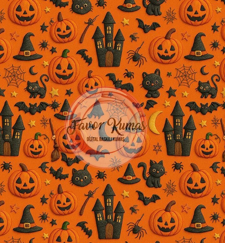 3D Turuncu Zeminli Cadılar Bayramı Desenli Kumaş