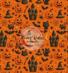 3D Turuncu Zeminli Cadılar Bayramı Desenli Kumaş