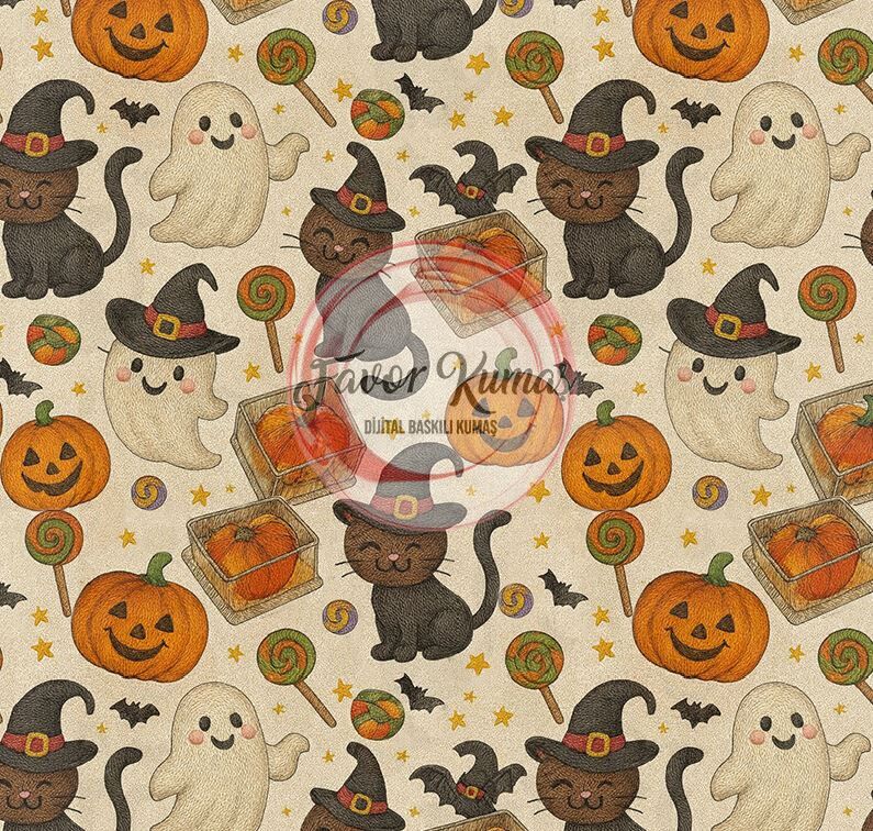 Bej Zeminli Cadılar Bayramı Desenli Kumaş