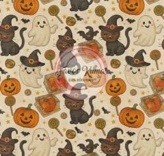 Bej Zeminli Cadılar Bayramı Desenli Kumaş