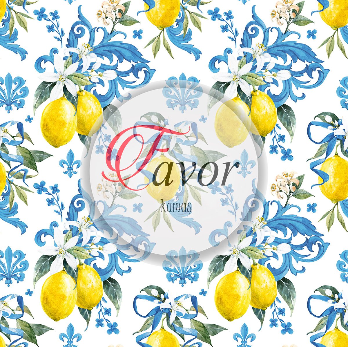 Mavi Sarı Limon Desenli Kumaş 1 mt runner