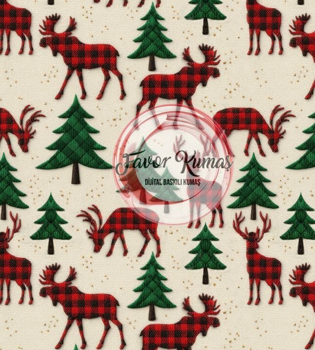 Ekoseli Geyikler Desenli Kumaş