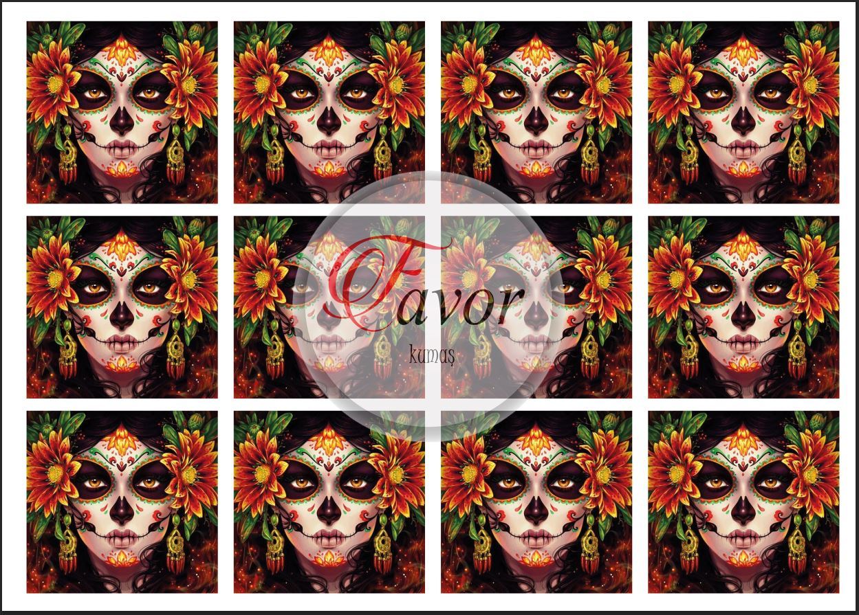 Kurukafa Makyajlı Kadın Desenli Kumaş kahveli kız-30x30 cm pano