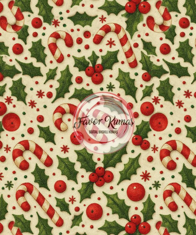 Yılbaşı Şekeri Desenli Kumaş