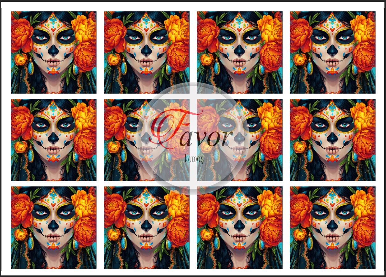 Kurukafa Makyajlı Kadın Desenli Kumaş mavili kız -30x30 cm pano